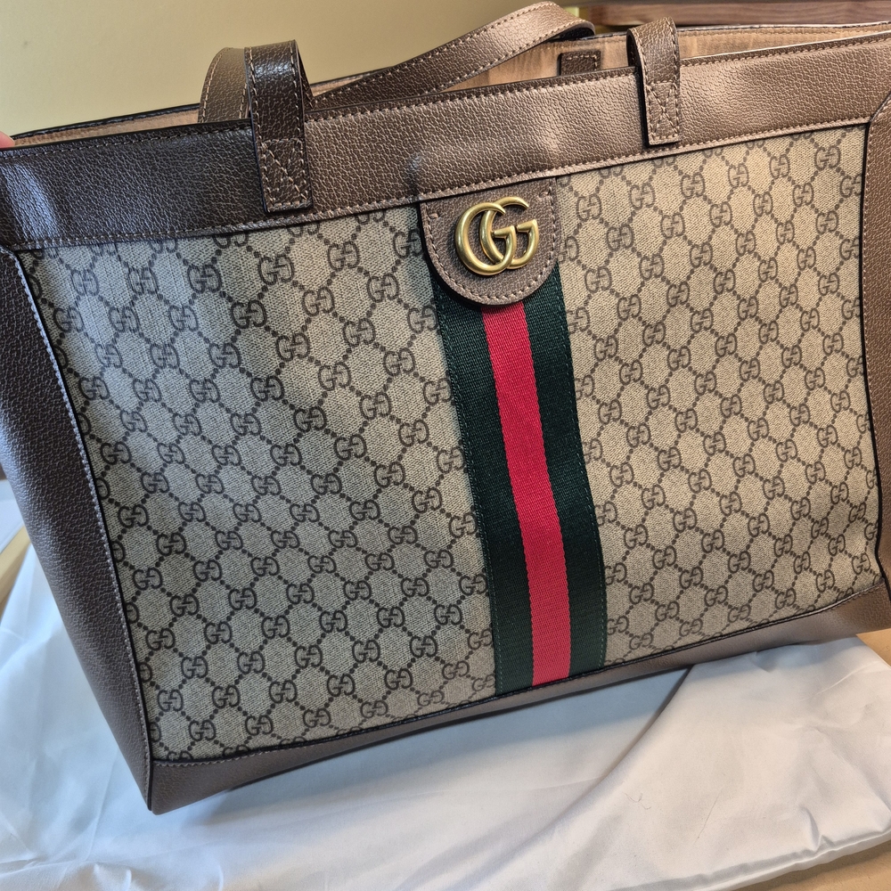 Gucci GG Canvas Tote with Web Stripe - Brown/Beige/Green/Red